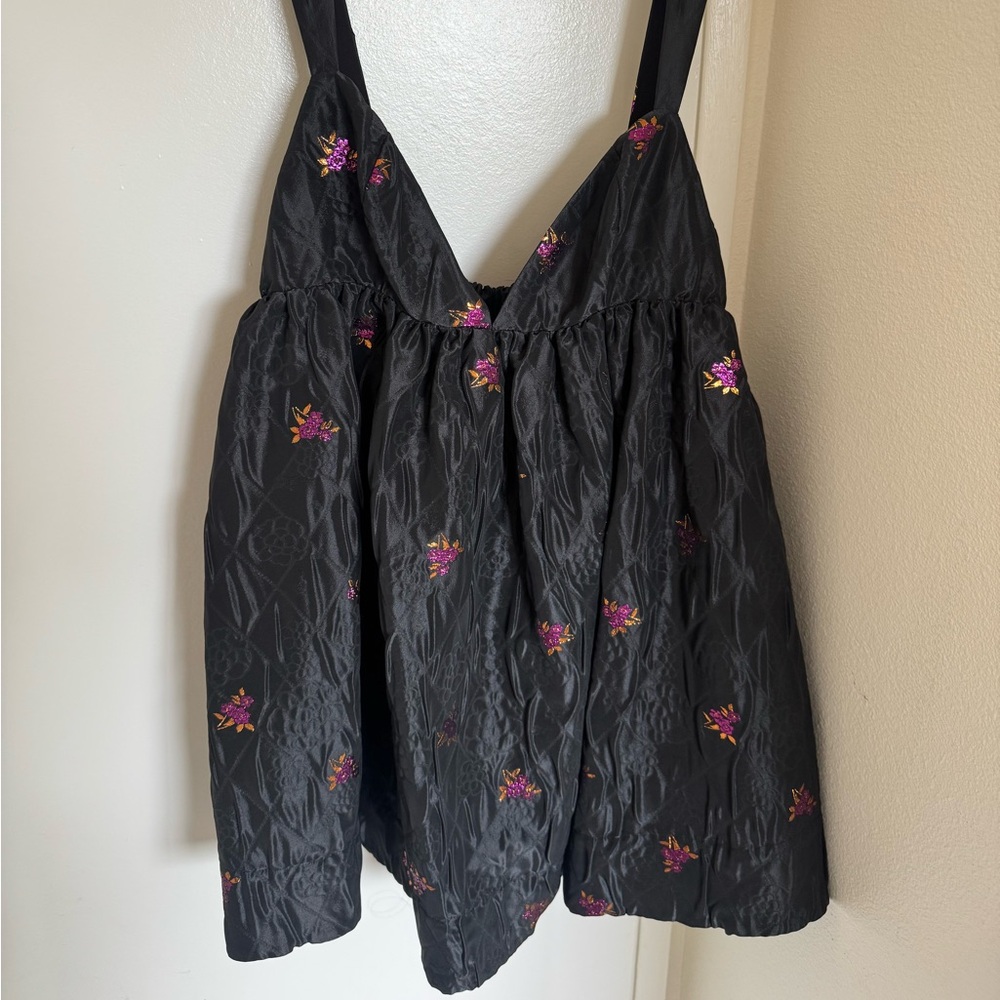 For Love And Lemons Black Dress with Purple Floral Embroidery